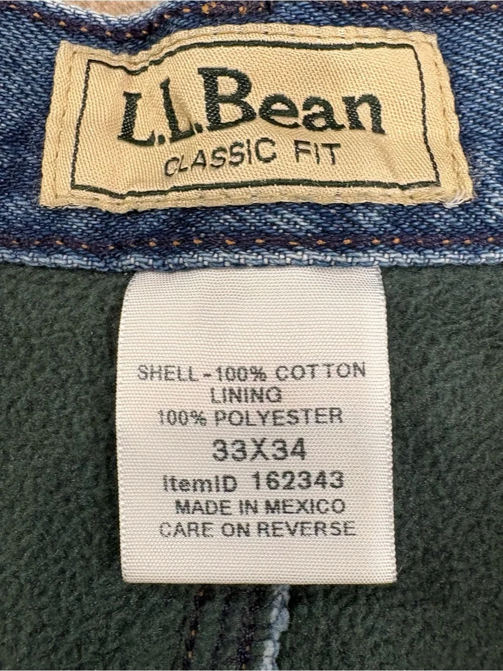 L.L. Bean Double L Fleece Lined Stonewashed Mens Jeans 33x34 NWT